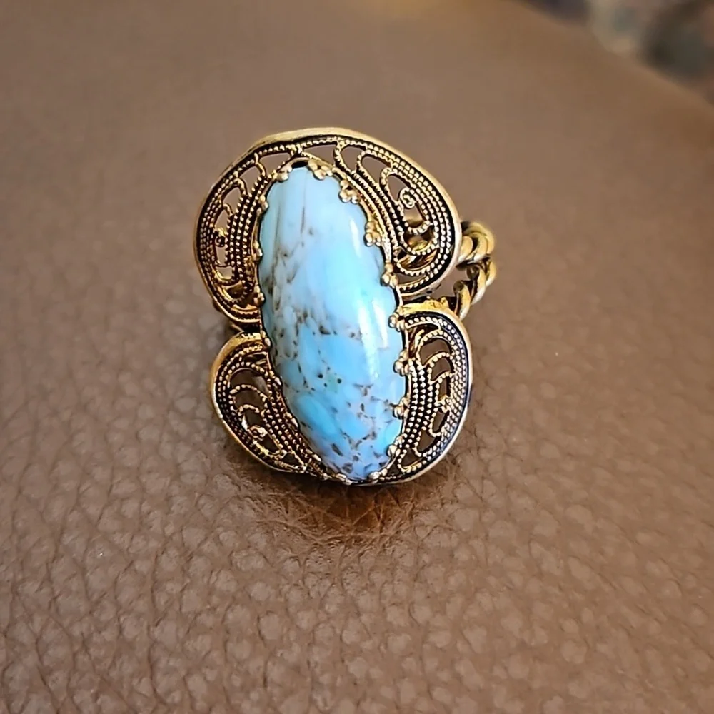 Antique West Germany Oval Gemstone Filigree Adjustable Castlecore Ring